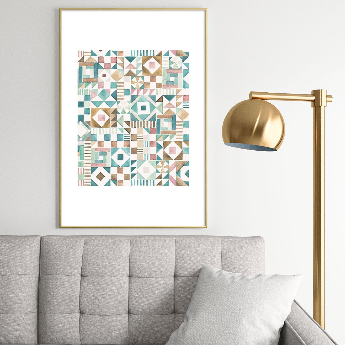 Ninola Design Charming Nostalgia Geometric Tiles Patchwork Aqua Pink Gold Metal Framed Art Print