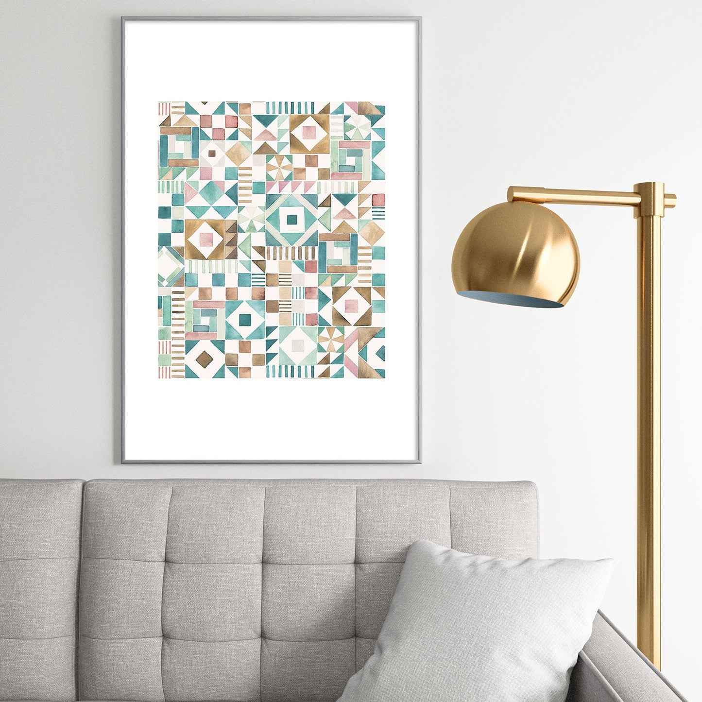 Ninola Design Charming Nostalgia Geometric Tiles Patchwork Aqua Pink Gold Metal Framed Art Print