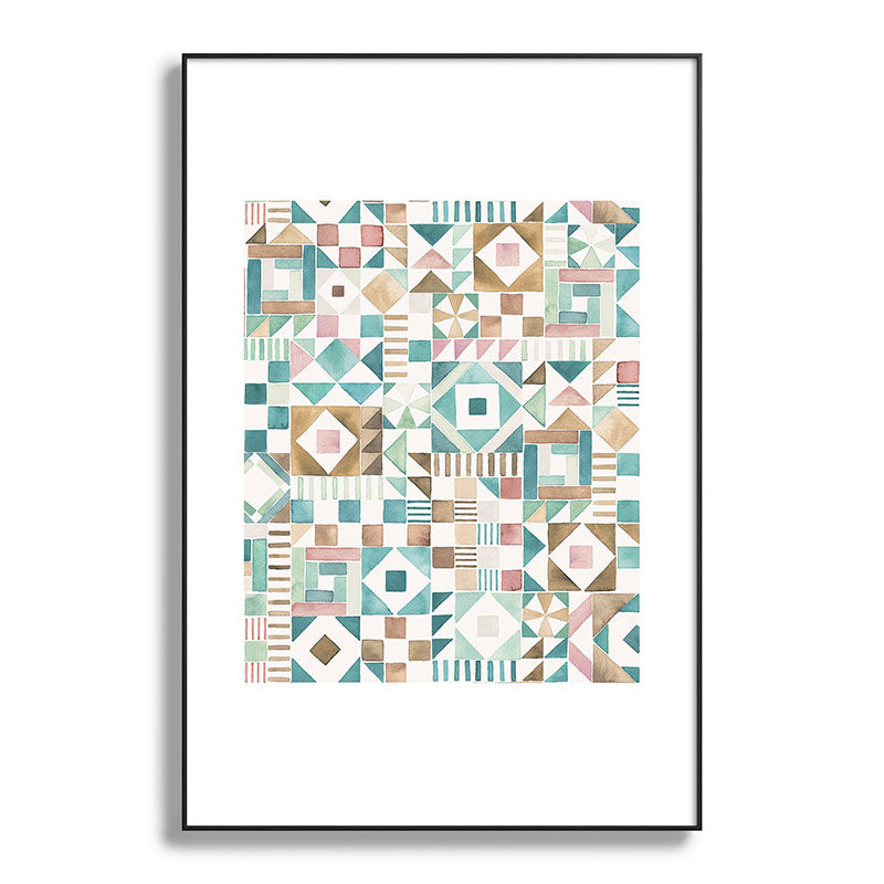 Ninola Design Charming Nostalgia Geometric Tiles Patchwork Aqua Pink Gold Metal Framed Art Print