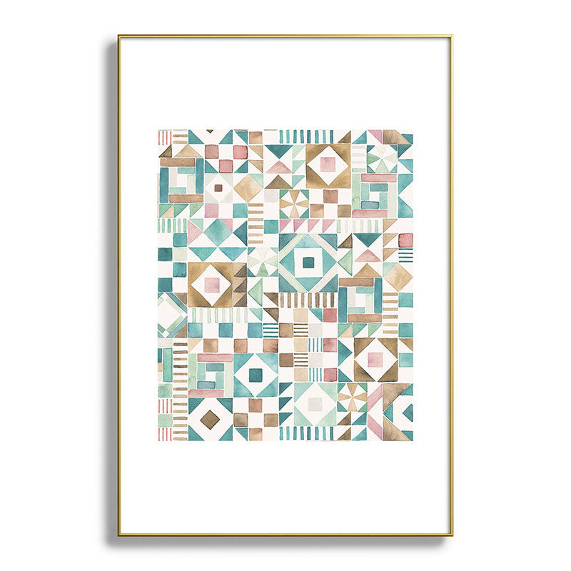 Ninola Design Charming Nostalgia Geometric Tiles Patchwork Aqua Pink Gold Metal Framed Art Print
