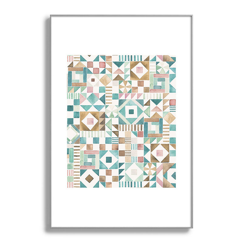 Ninola Design Charming Nostalgia Geometric Tiles Patchwork Aqua Pink Gold Metal Framed Art Print