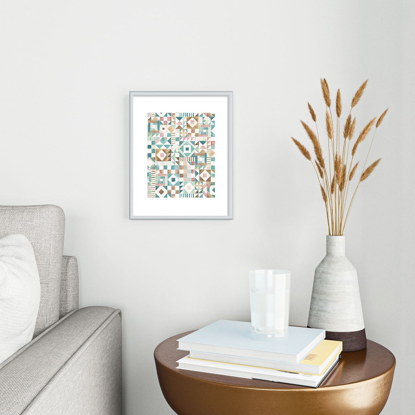 Ninola Design Charming Nostalgia Geometric Tiles Patchwork Aqua Pink Gold Metal Framed Art Print