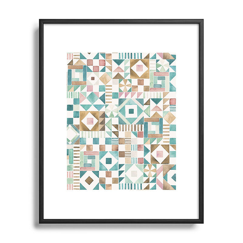 Ninola Design Charming Nostalgia Geometric Tiles Patchwork Aqua Pink Gold Metal Framed Art Print