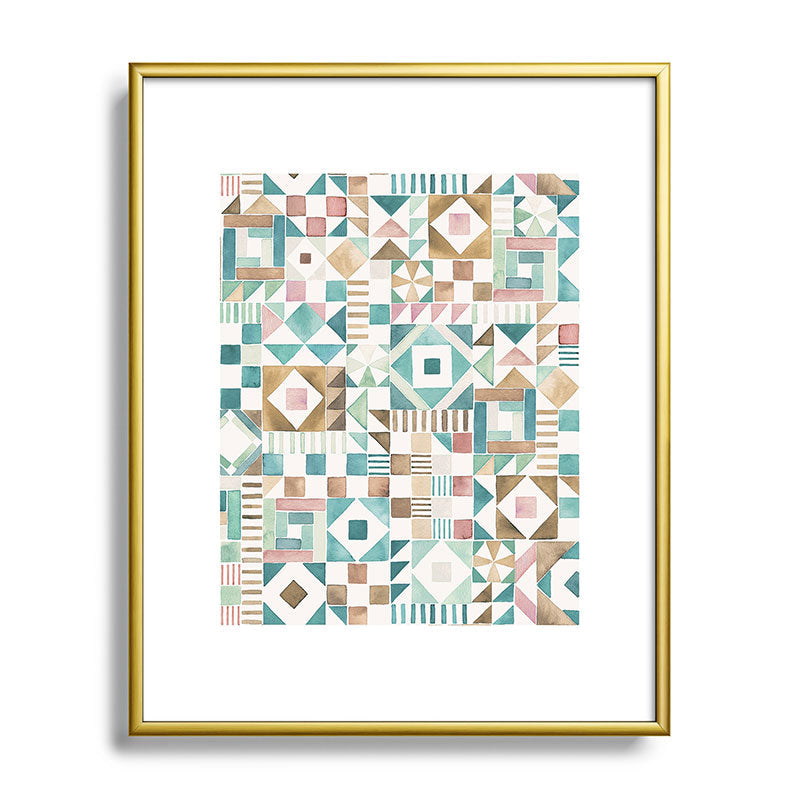 Ninola Design Charming Nostalgia Geometric Tiles Patchwork Aqua Pink Gold Metal Framed Art Print