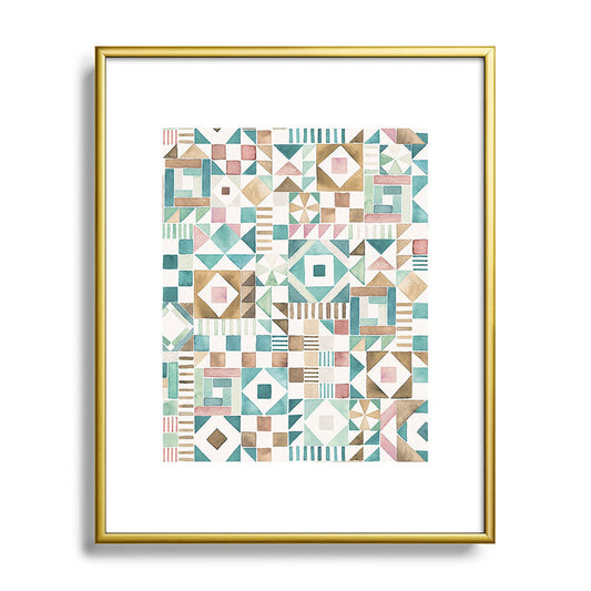 Ninola Design Charming Nostalgia Geometric Tiles Patchwork Aqua Pink Gold Metal Framed Art Print