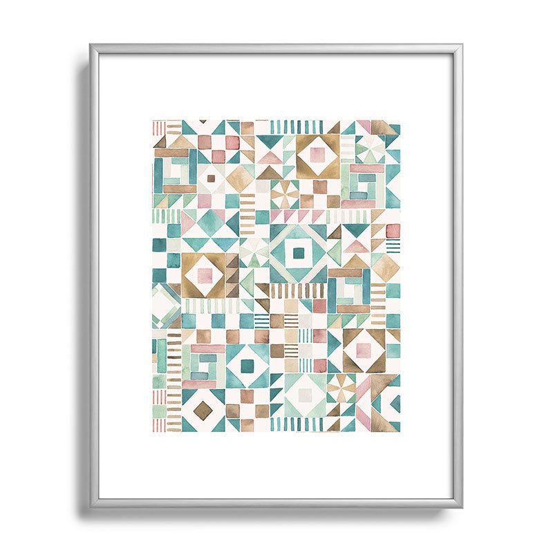 Ninola Design Charming Nostalgia Geometric Tiles Patchwork Aqua Pink Gold Metal Framed Art Print