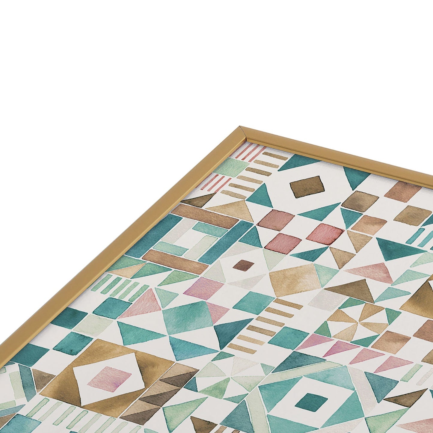 Ninola Design Charming Nostalgia Geometric Tiles Patchwork Aqua Pink Gold Square Metal Framed Art Print
