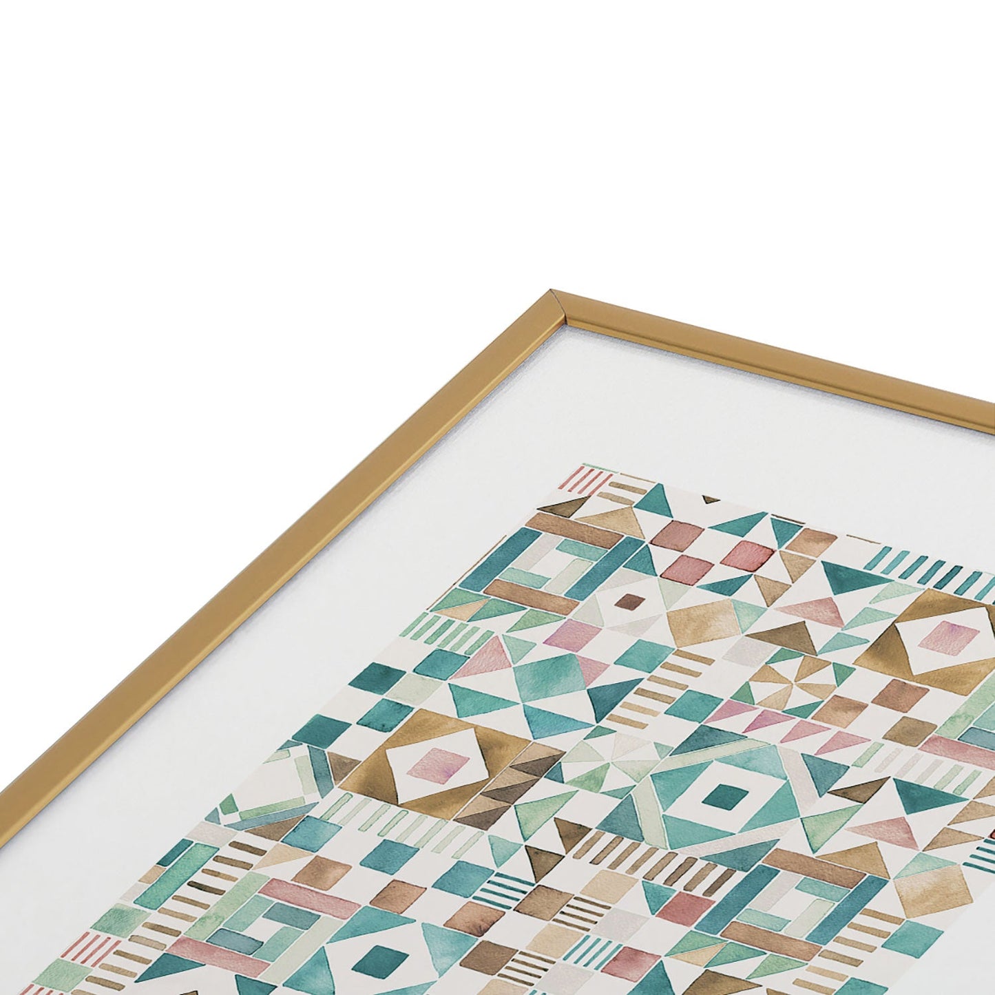 Ninola Design Charming Nostalgia Geometric Tiles Patchwork Aqua Pink Gold Metal Framed Art Print