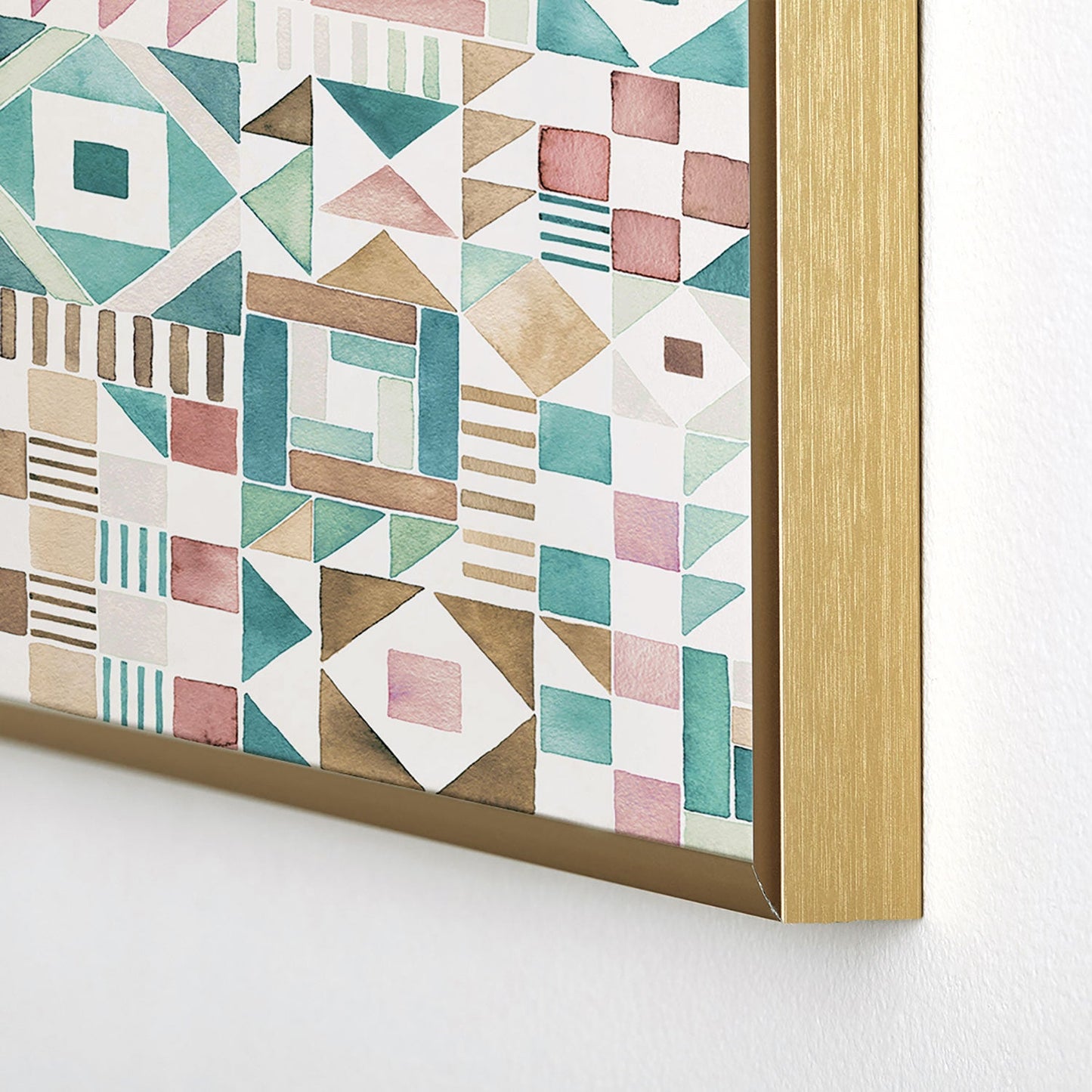 Ninola Design Charming Nostalgia Geometric Tiles Patchwork Aqua Pink Gold Square Metal Framed Art Print