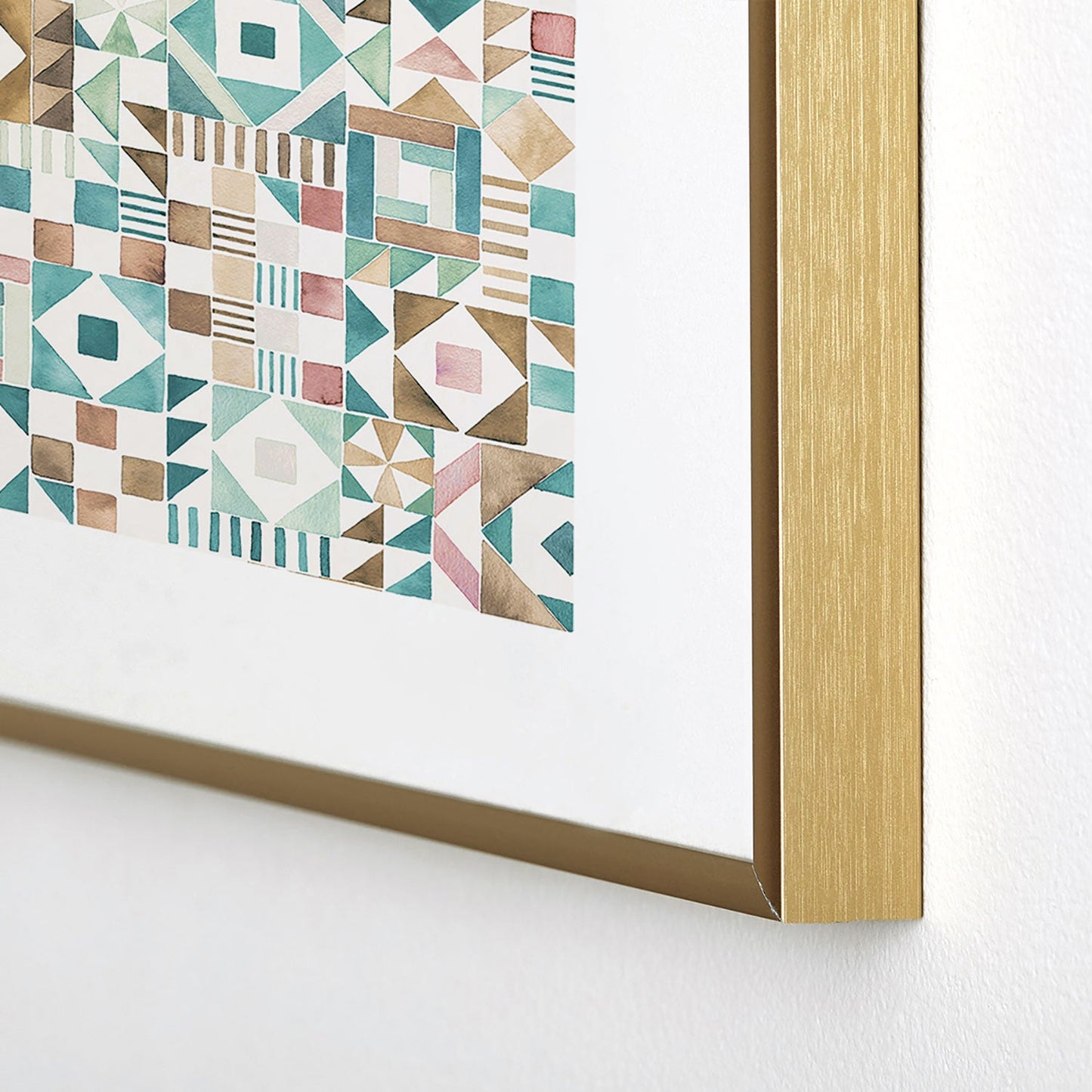 Ninola Design Charming Nostalgia Geometric Tiles Patchwork Aqua Pink Gold Metal Framed Art Print