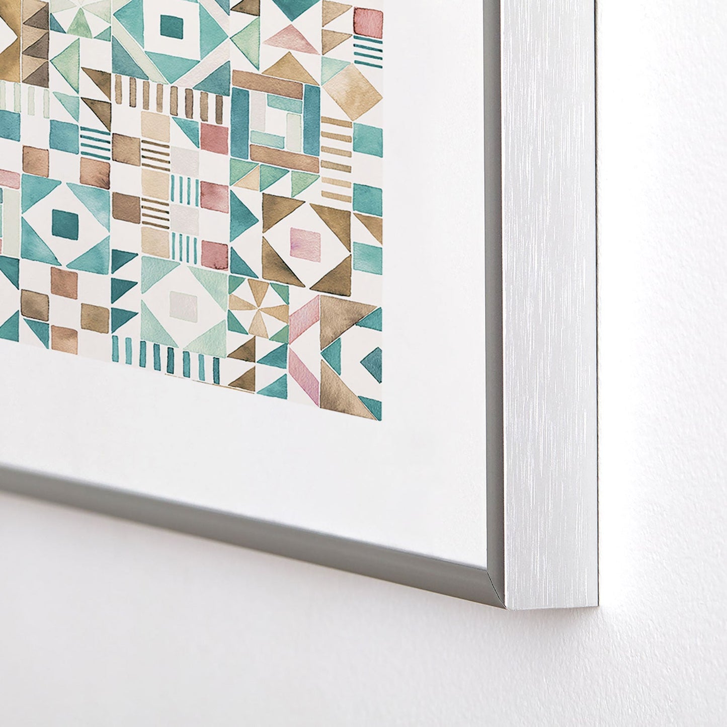 Ninola Design Charming Nostalgia Geometric Tiles Patchwork Aqua Pink Gold Metal Framed Art Print