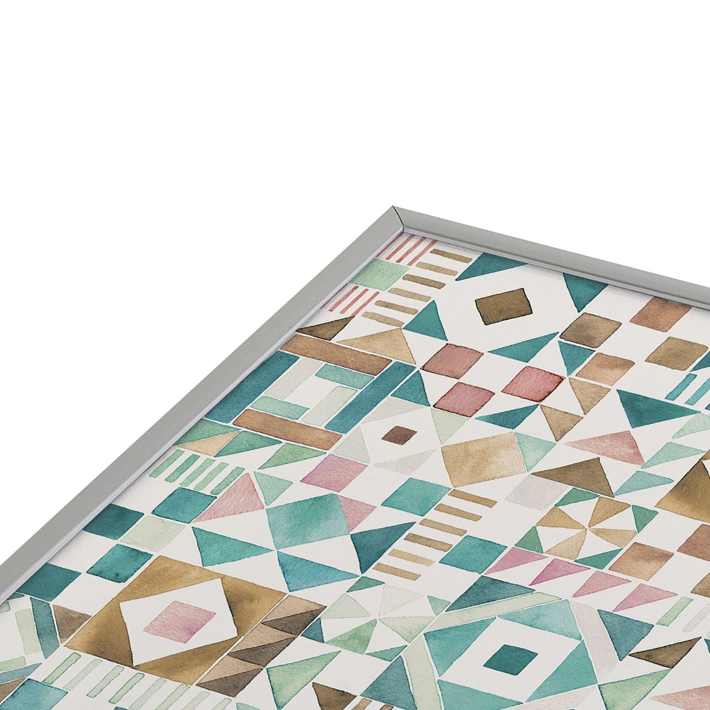 Ninola Design Charming Nostalgia Geometric Tiles Patchwork Aqua Pink Gold Square Metal Framed Art Print