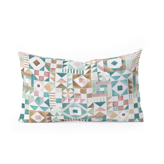 Ninola Design Charming Nostalgia Geometric Tiles Patchwork Aqua Pink Gold Oblong Throw Pillow
