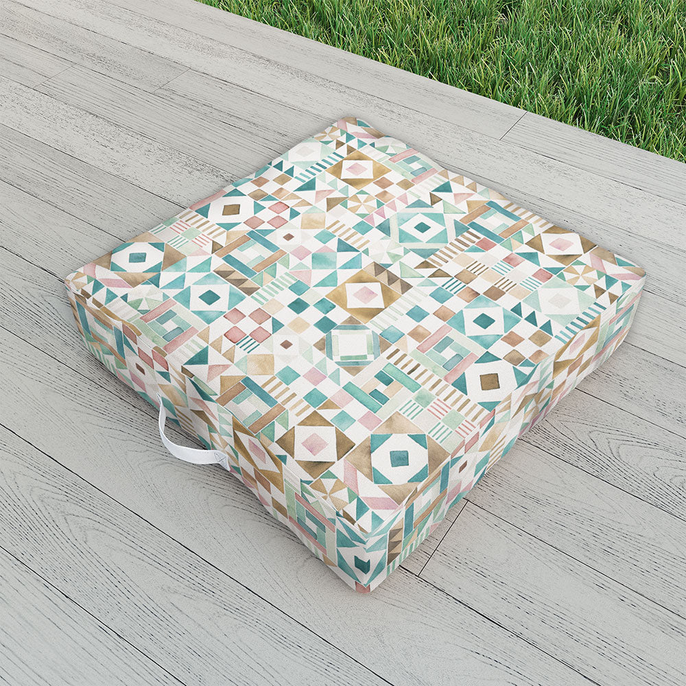 Ninola Design Charming Nostalgia Geometric Tiles Patchwork Aqua Pink Gold Outdoor Floor Cushion