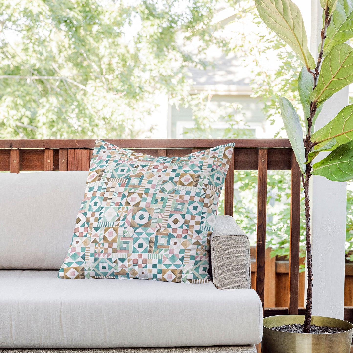 Ninola Design Charming Nostalgia Geometric Tiles Patchwork Aqua Pink Gold Outdoor Throw Pillow