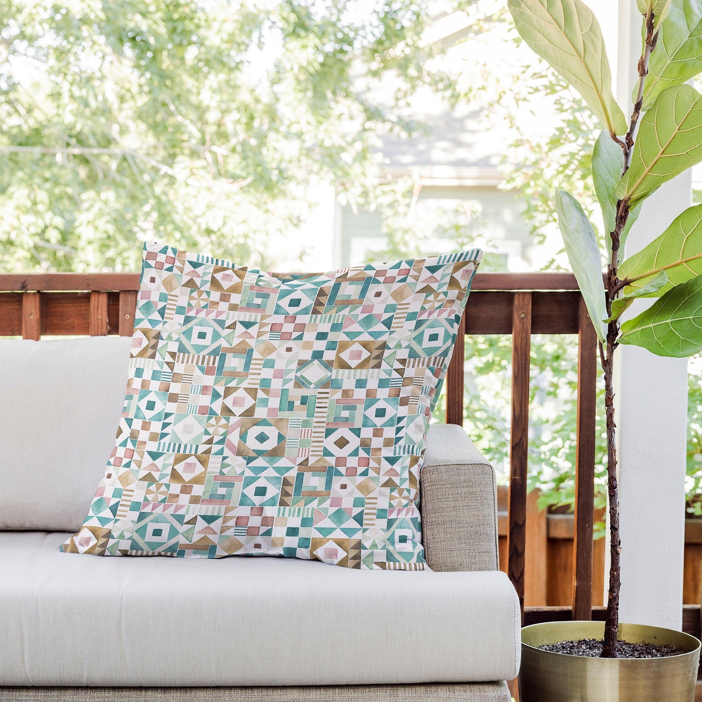 Ninola Design Charming Nostalgia Geometric Tiles Patchwork Aqua Pink Gold Outdoor Throw Pillow