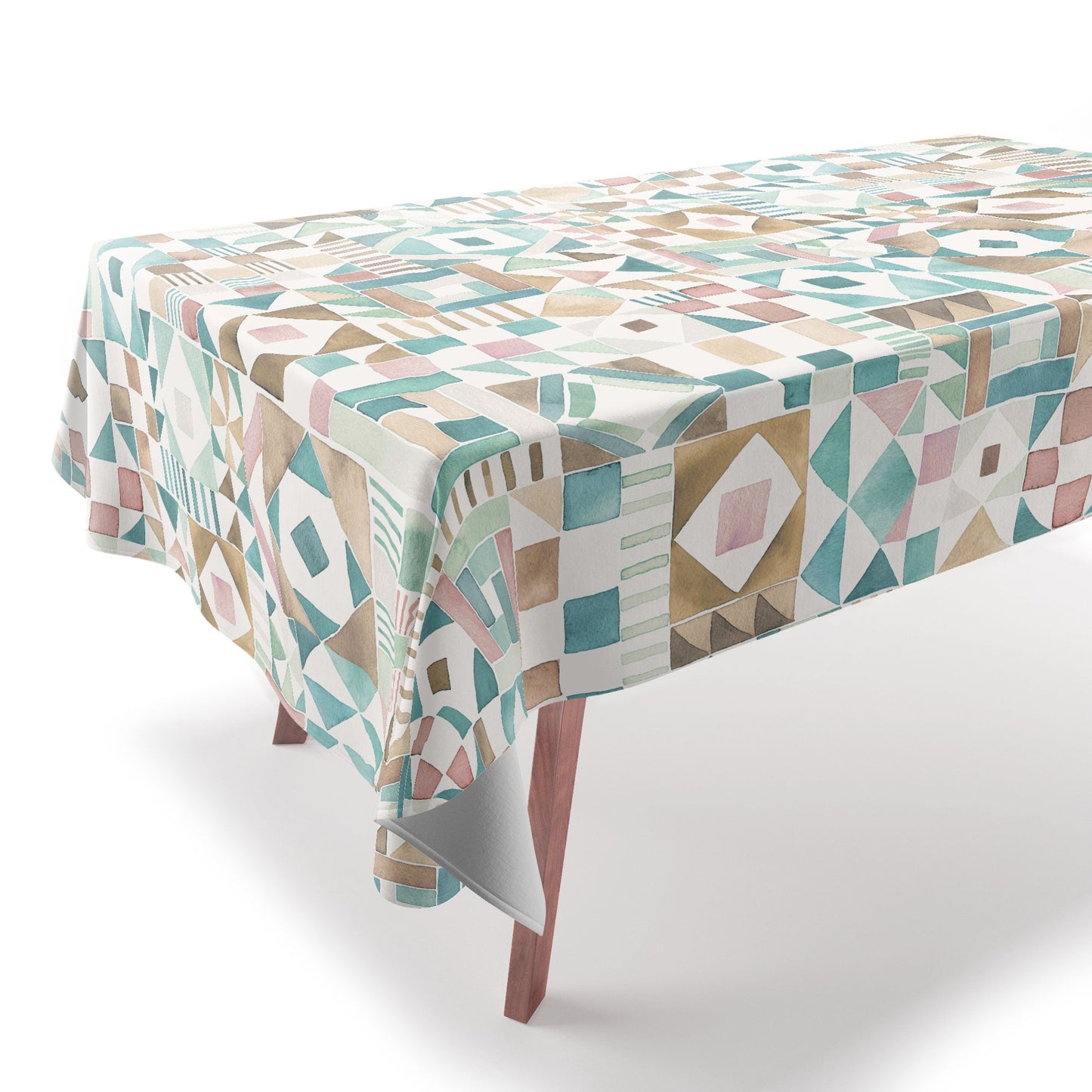 Ninola Design Charming Nostalgia Geometric Tiles Patchwork Aqua Pink Gold Tablecloth