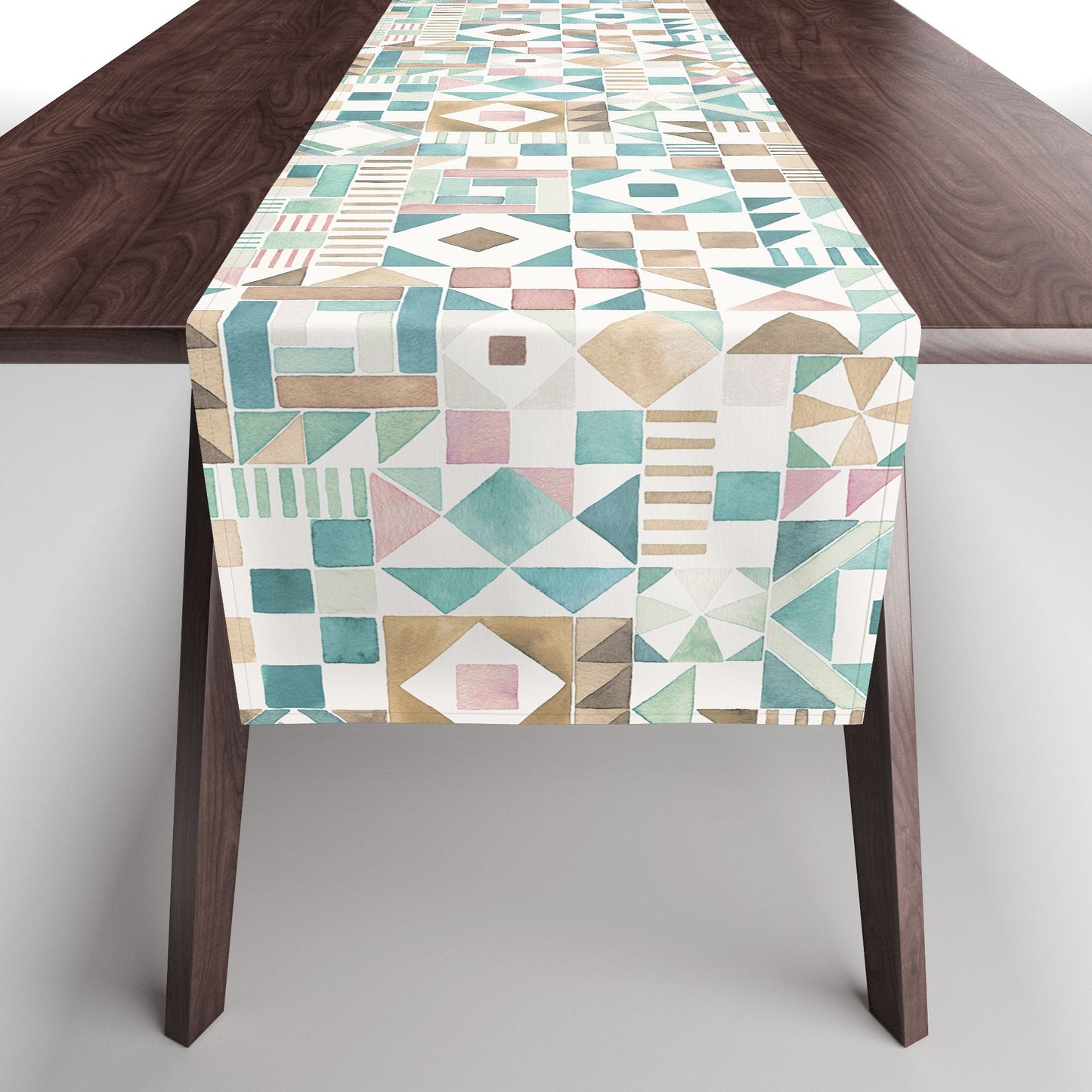 Ninola Design Charming Nostalgia Geometric Tiles Patchwork Aqua Pink Gold Table Runner