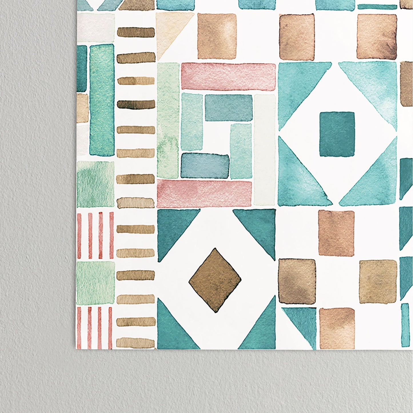 Ninola Design Charming Nostalgia Geometric Tiles Patchwork Aqua Pink Gold Poster