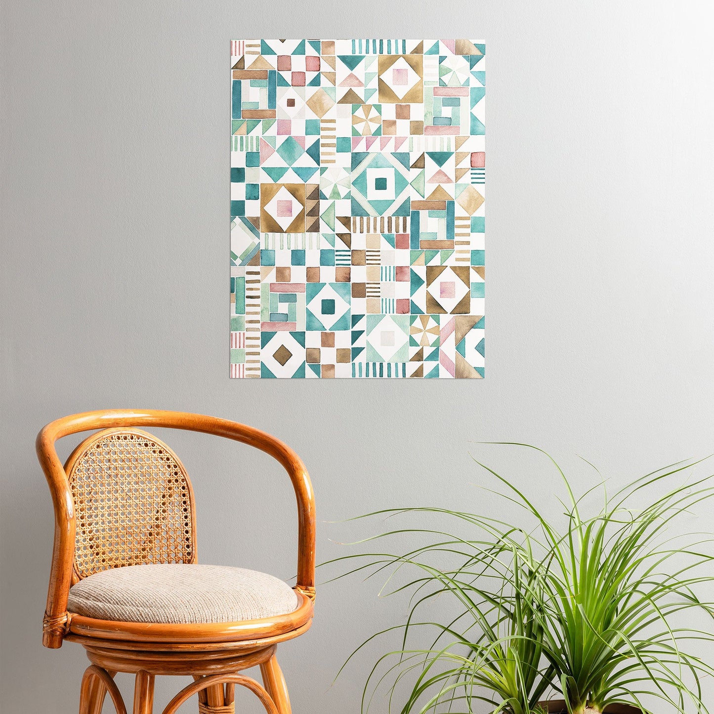 Ninola Design Charming Nostalgia Geometric Tiles Patchwork Aqua Pink Gold Poster