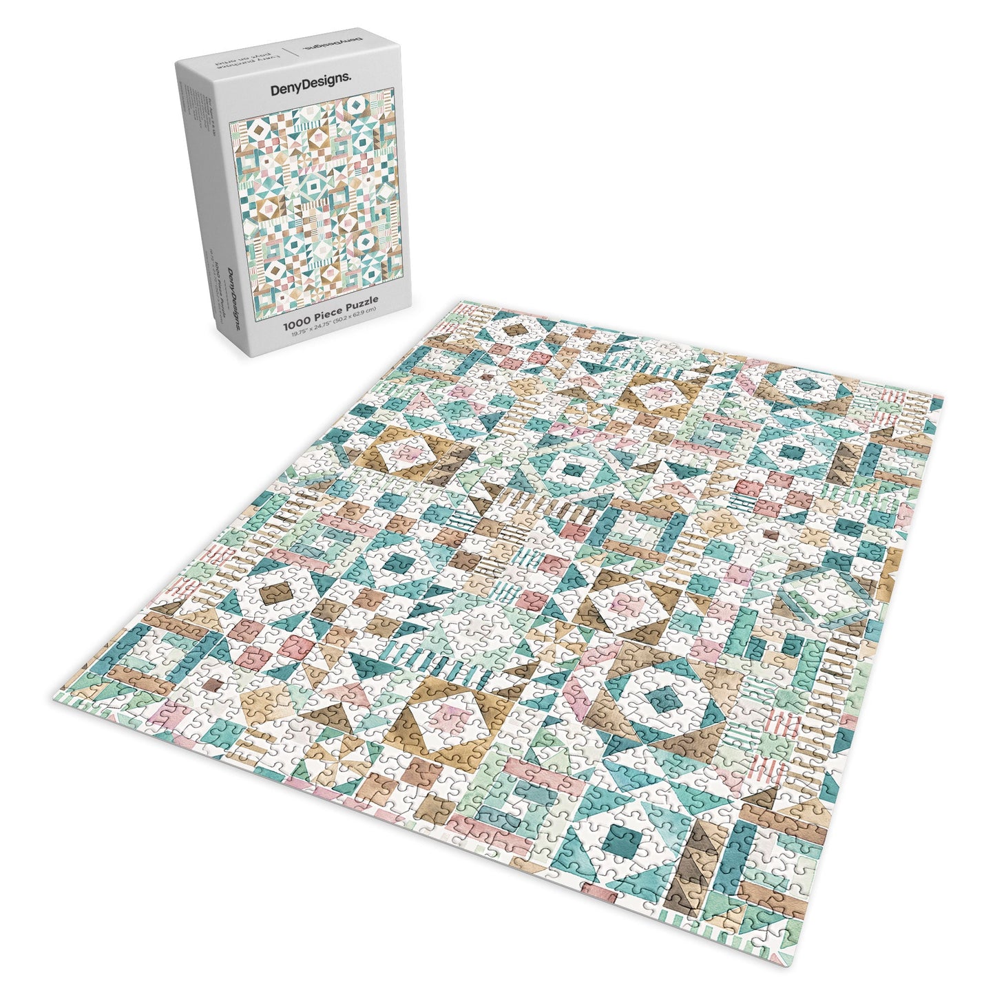 Ninola Design Charming Nostalgia Geometric Tiles Patchwork Aqua Pink Gold Puzzle