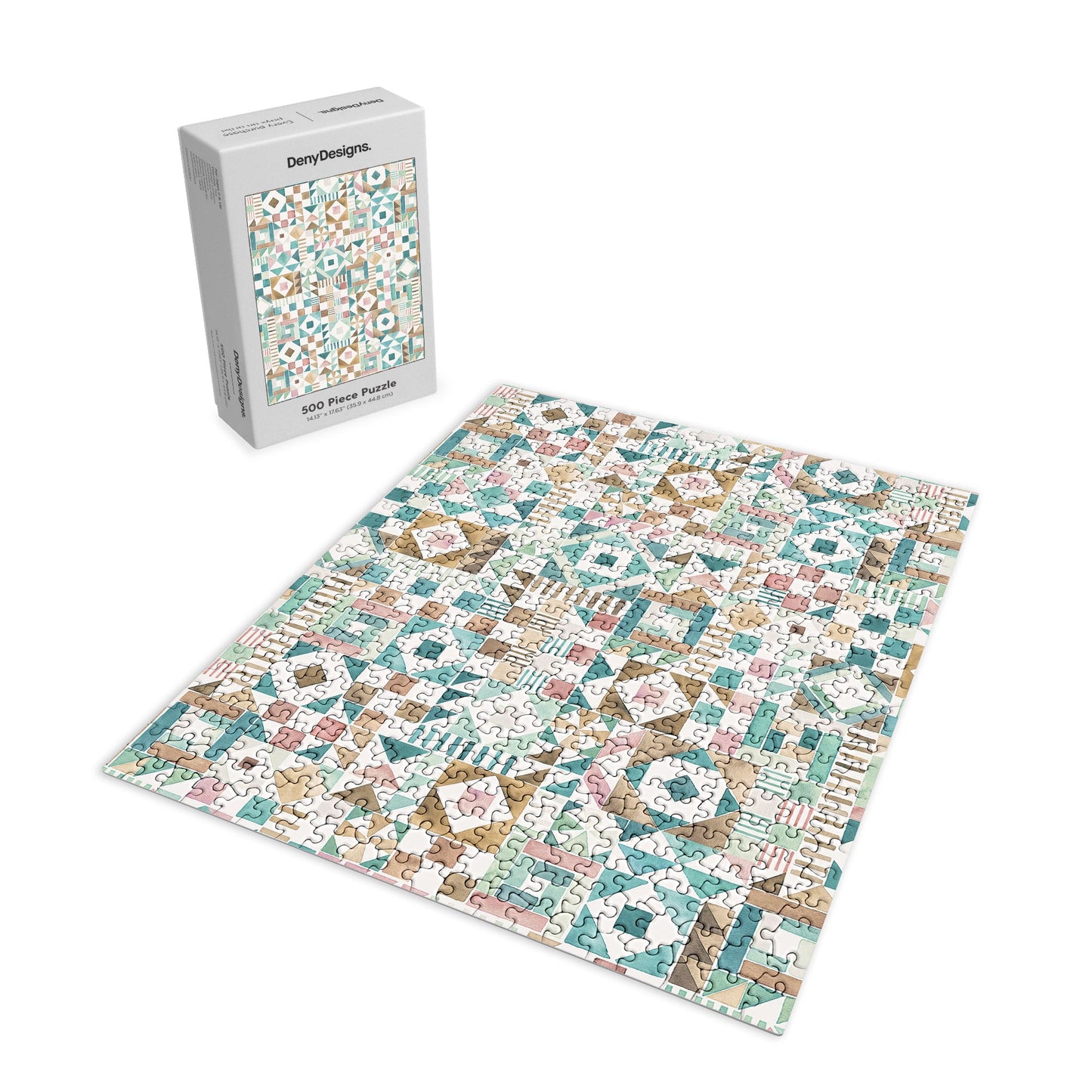 Ninola Design Charming Nostalgia Geometric Tiles Patchwork Aqua Pink Gold Puzzle