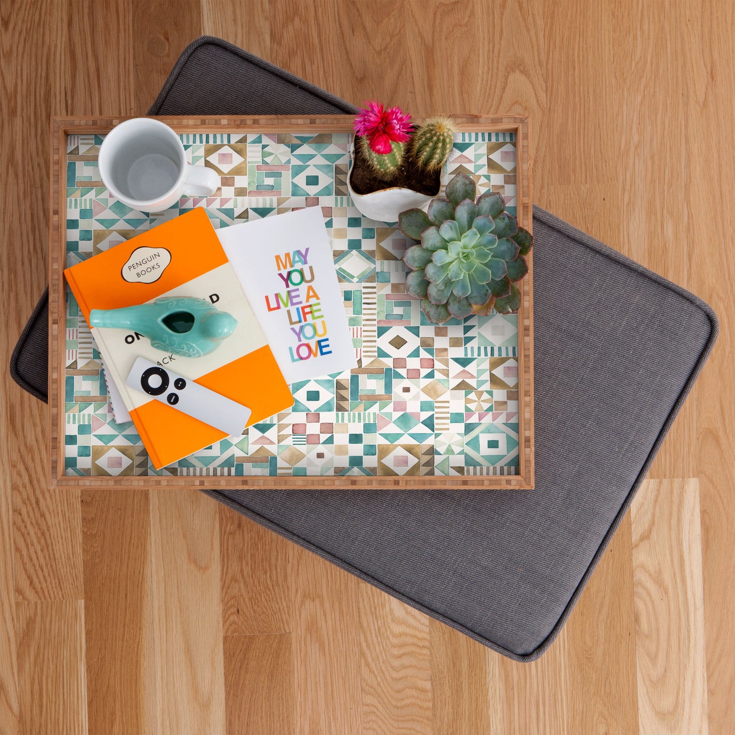 Ninola Design Charming Nostalgia Geometric Tiles Patchwork Aqua Pink Gold Rectangular Tray