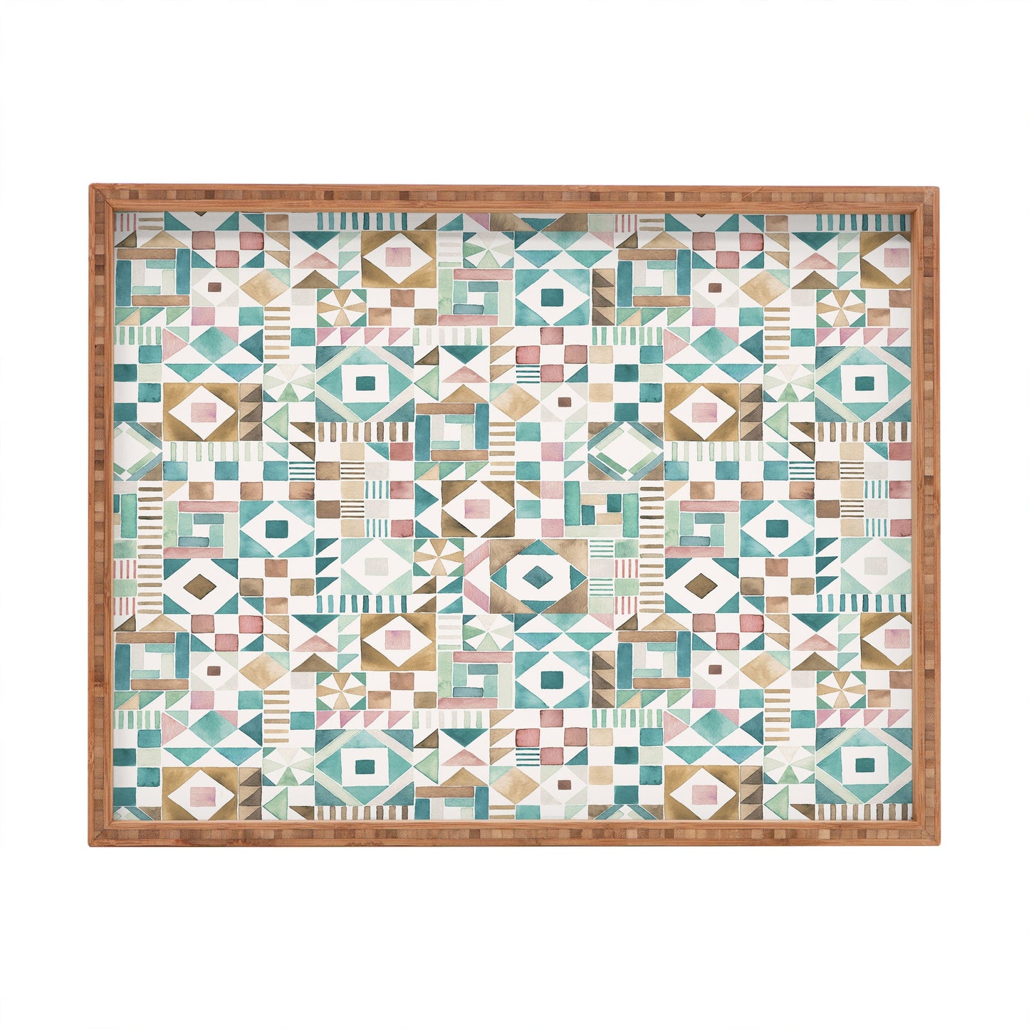 Ninola Design Charming Nostalgia Geometric Tiles Patchwork Aqua Pink Gold Rectangular Tray