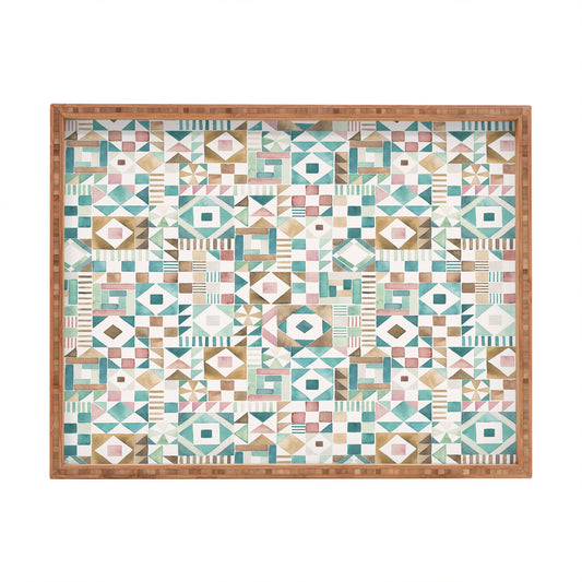Ninola Design Charming Nostalgia Geometric Tiles Patchwork Aqua Pink Gold Rectangular Tray