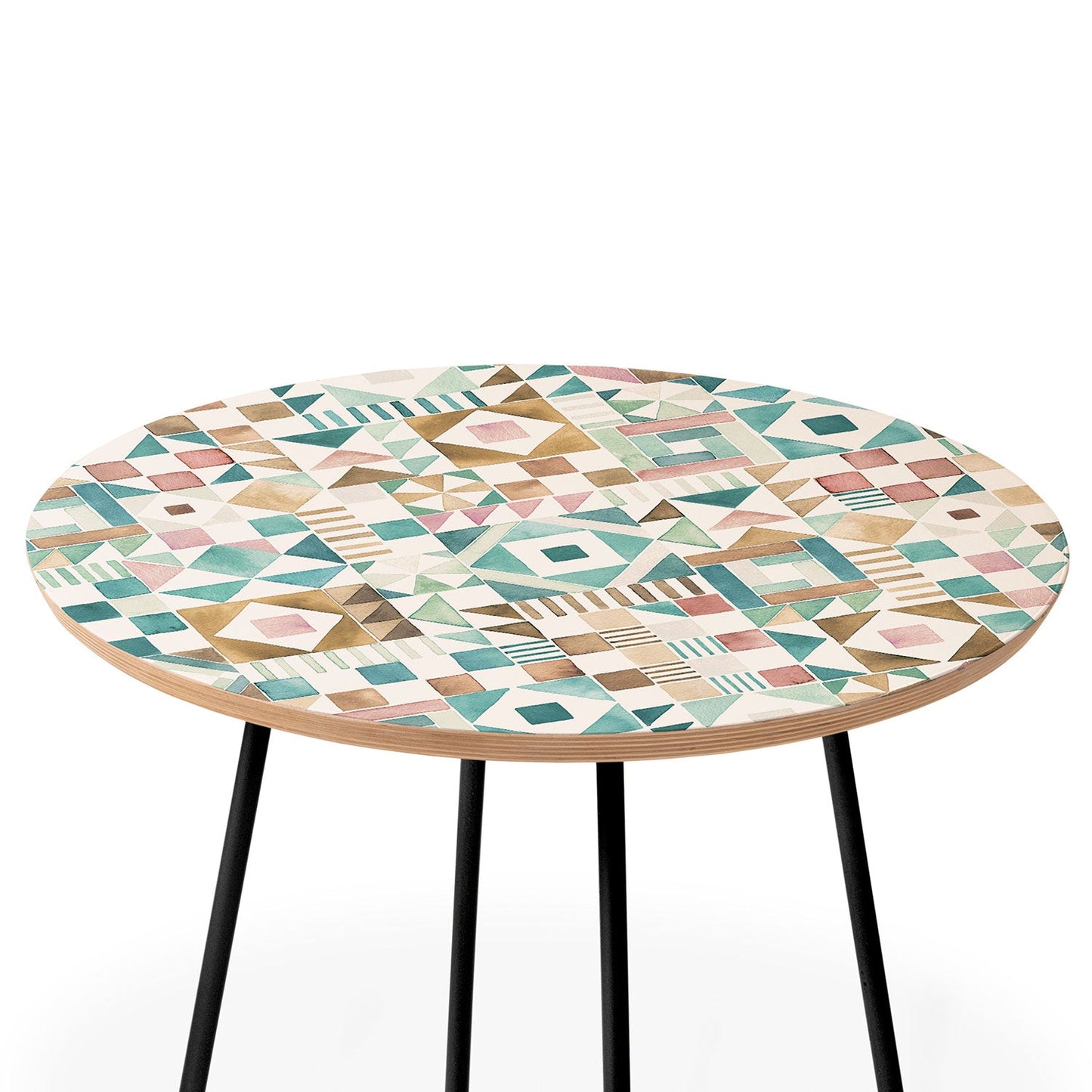 Ninola Design Charming Nostalgia Geometric Tiles Patchwork Aqua Pink Gold Round Side Table