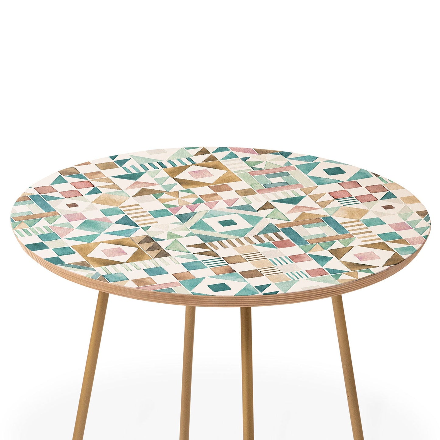 Ninola Design Charming Nostalgia Geometric Tiles Patchwork Aqua Pink Gold Round Side Table