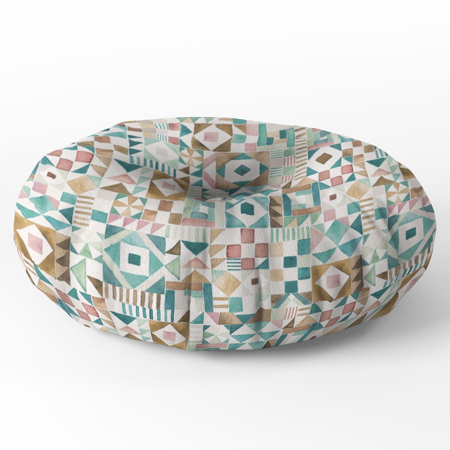 Ninola Design Charming Nostalgia Geometric Tiles Patchwork Aqua Pink Gold Floor Pillow Round