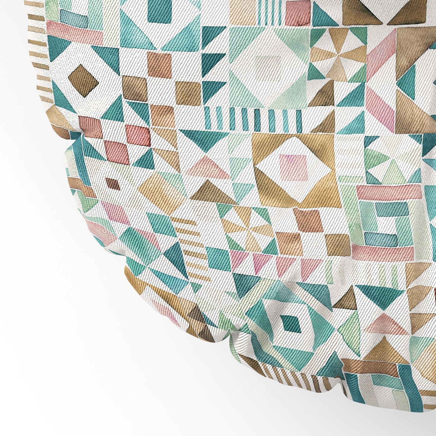 Ninola Design Charming Nostalgia Geometric Tiles Patchwork Aqua Pink Gold Floor Pillow Round