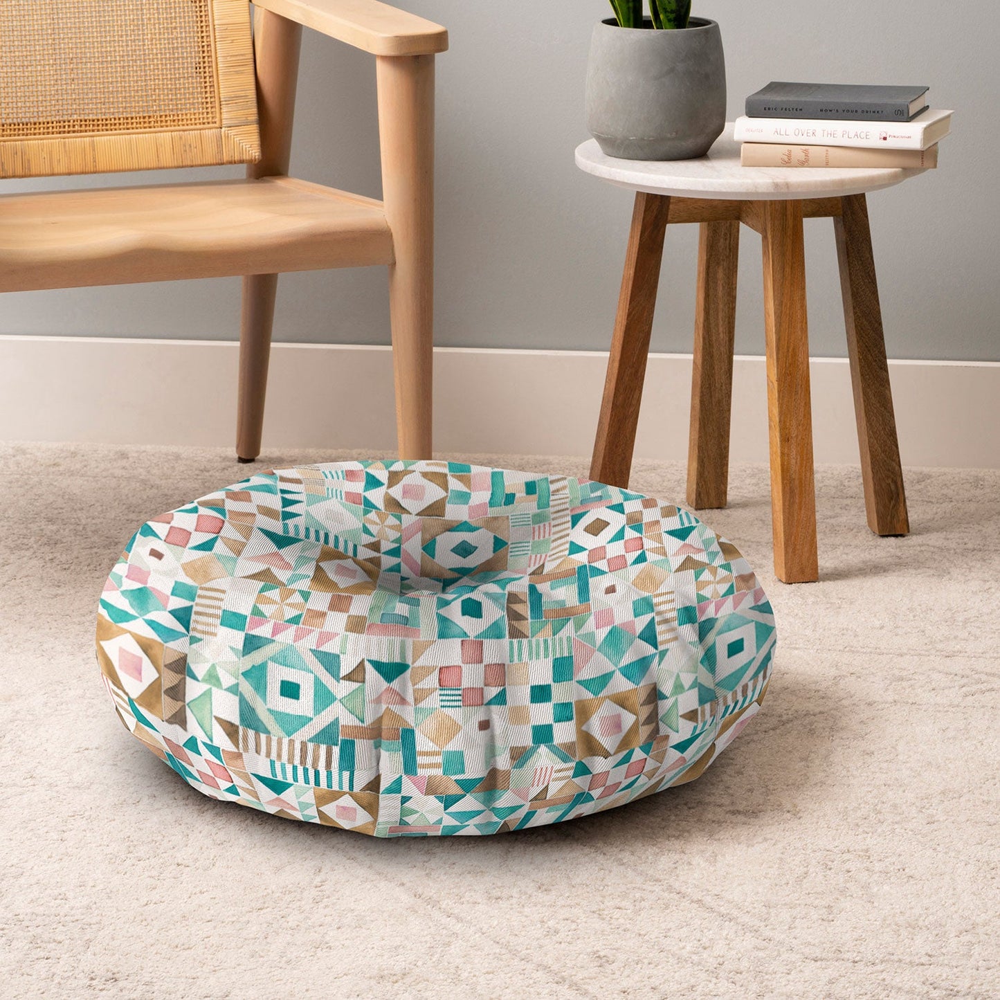Ninola Design Charming Nostalgia Geometric Tiles Patchwork Aqua Pink Gold Floor Pillow Round