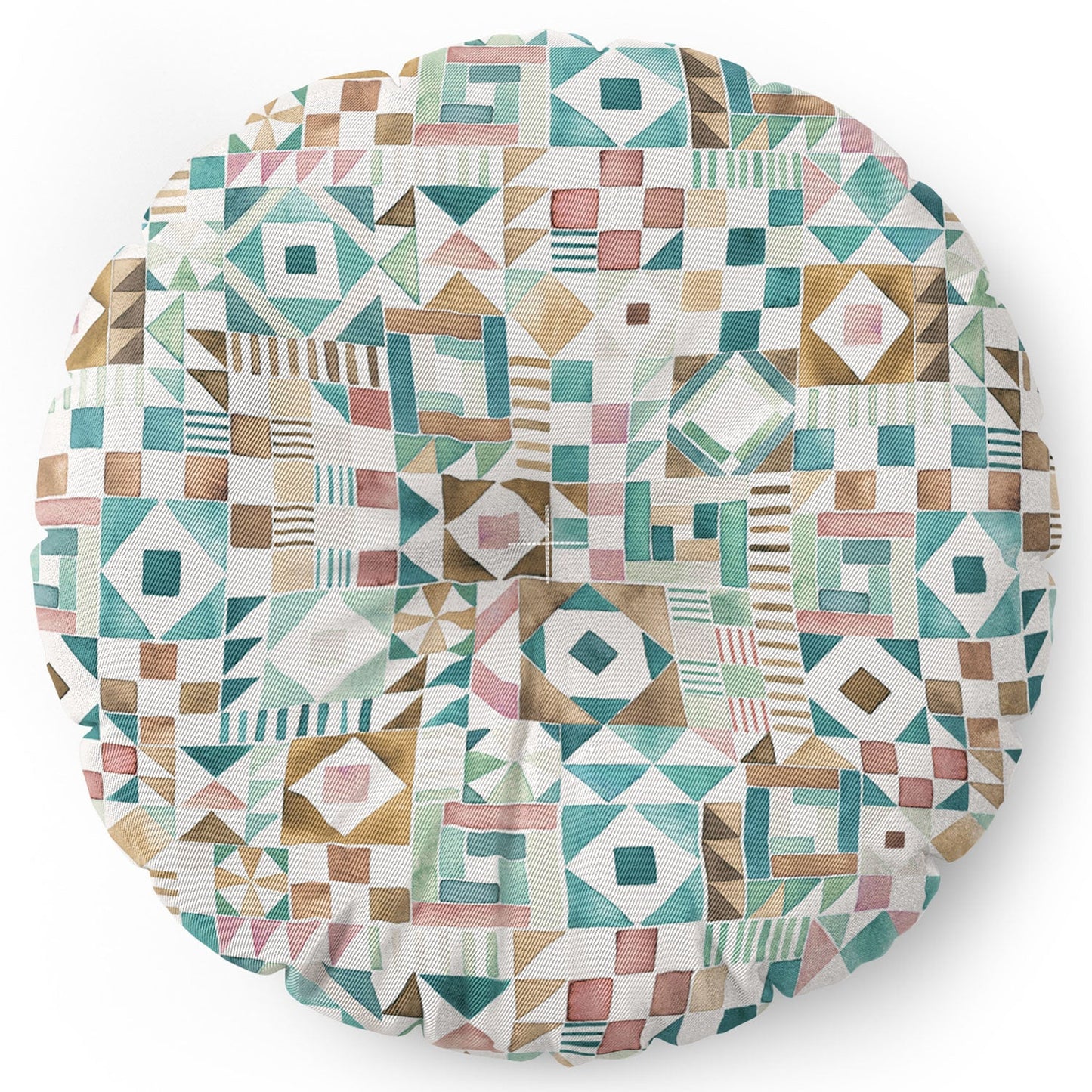 Ninola Design Charming Nostalgia Geometric Tiles Patchwork Aqua Pink Gold Floor Pillow Round