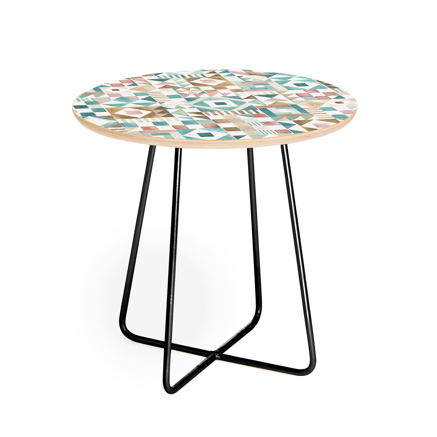 Ninola Design Charming Nostalgia Geometric Tiles Patchwork Aqua Pink Gold Round Side Table