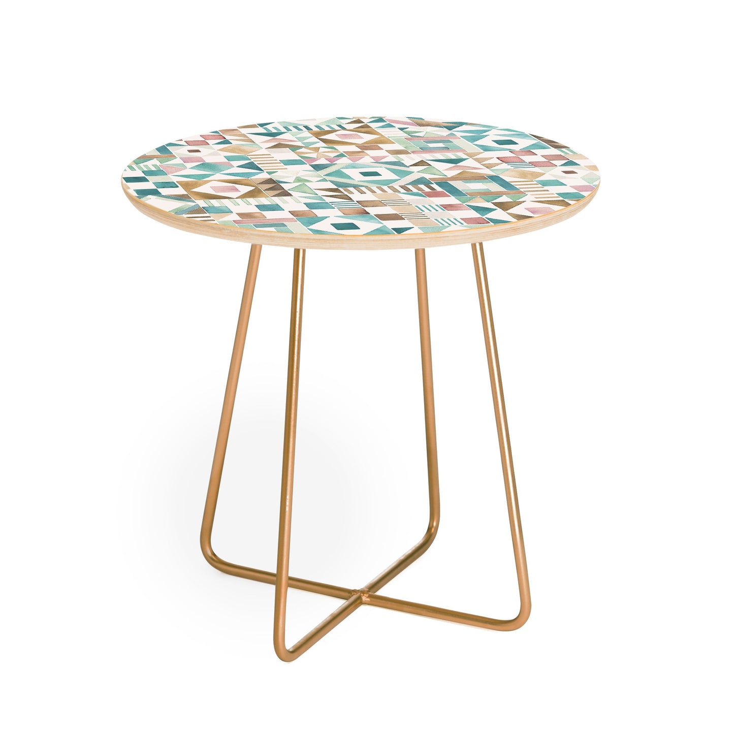 Ninola Design Charming Nostalgia Geometric Tiles Patchwork Aqua Pink Gold Round Side Table