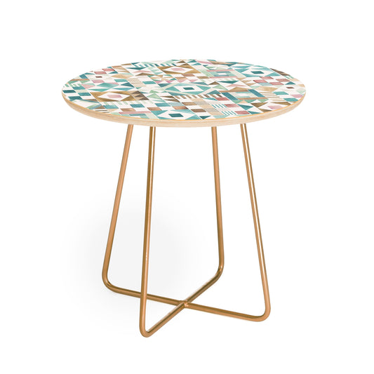 Ninola Design Charming Nostalgia Geometric Tiles Patchwork Aqua Pink Gold Round Side Table