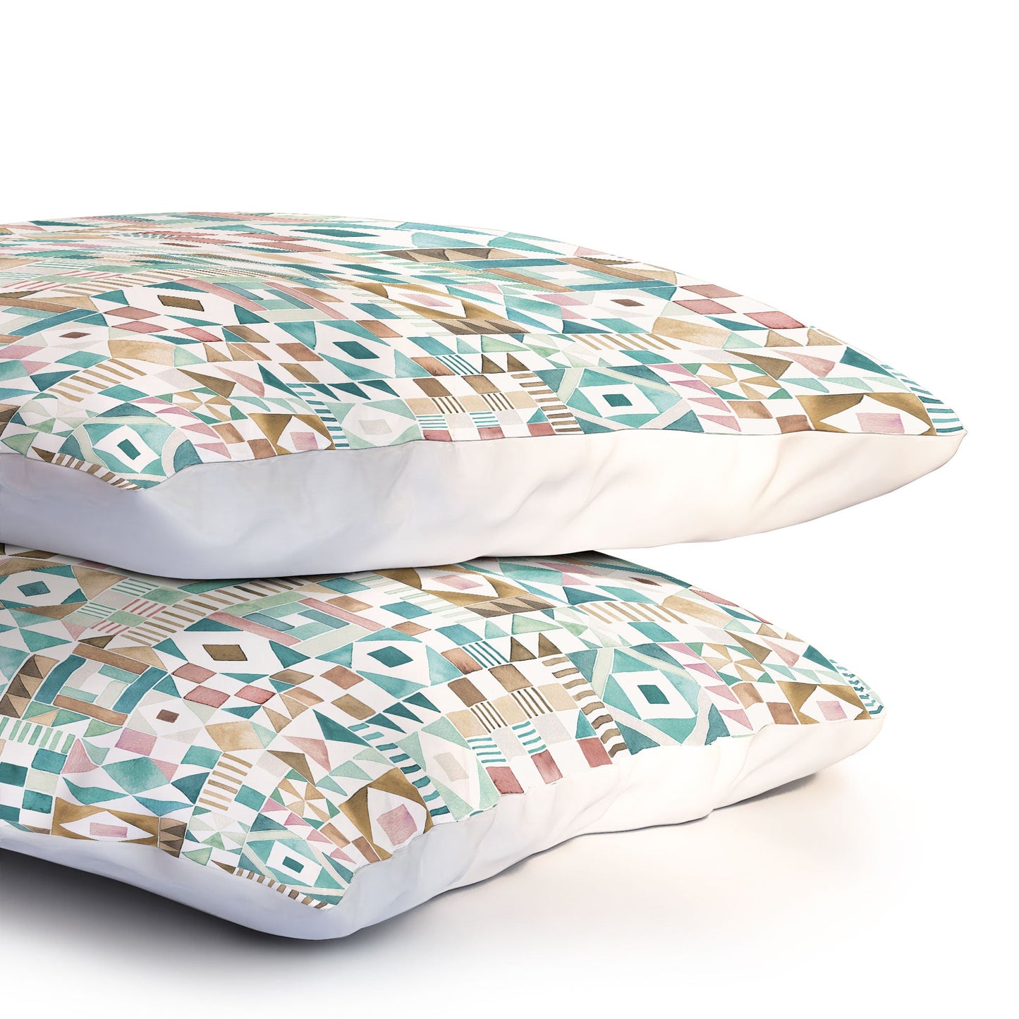 Ninola Design Charming Nostalgia Geometric Tiles Patchwork Aqua Pink Gold Pillow Shams