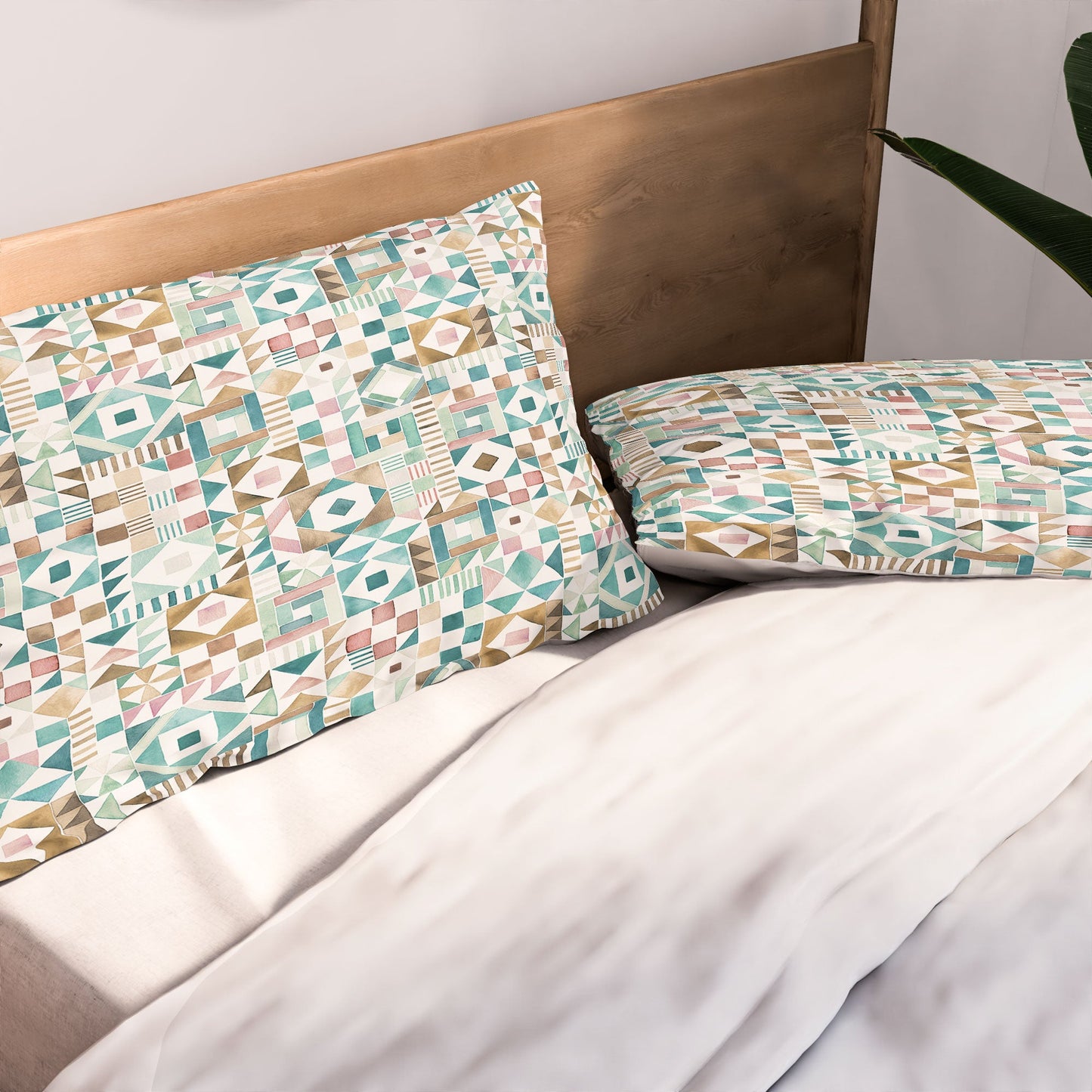 Ninola Design Charming Nostalgia Geometric Tiles Patchwork Aqua Pink Gold Pillow Shams