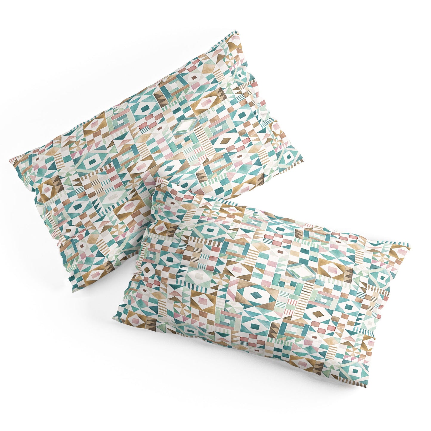 Ninola Design Charming Nostalgia Geometric Tiles Patchwork Aqua Pink Gold Pillow Shams