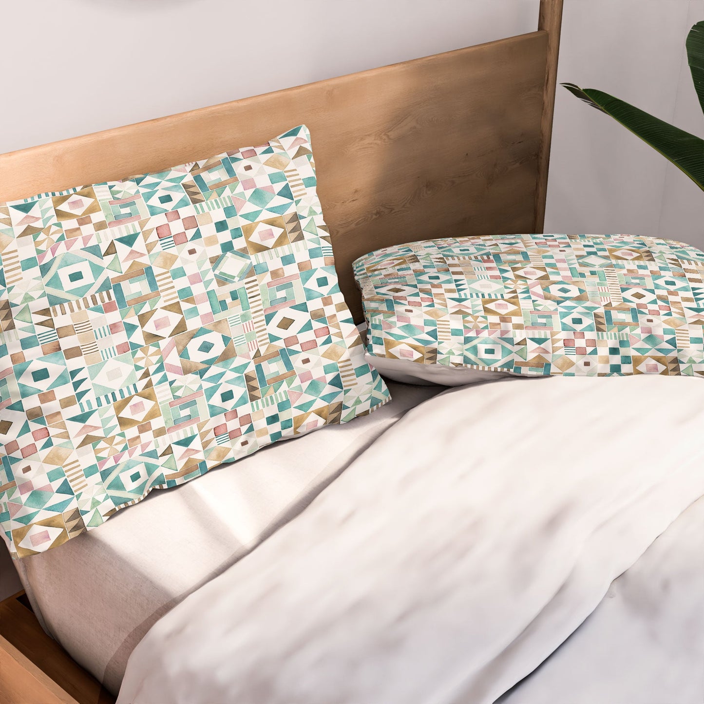 Ninola Design Charming Nostalgia Geometric Tiles Patchwork Aqua Pink Gold Pillow Shams