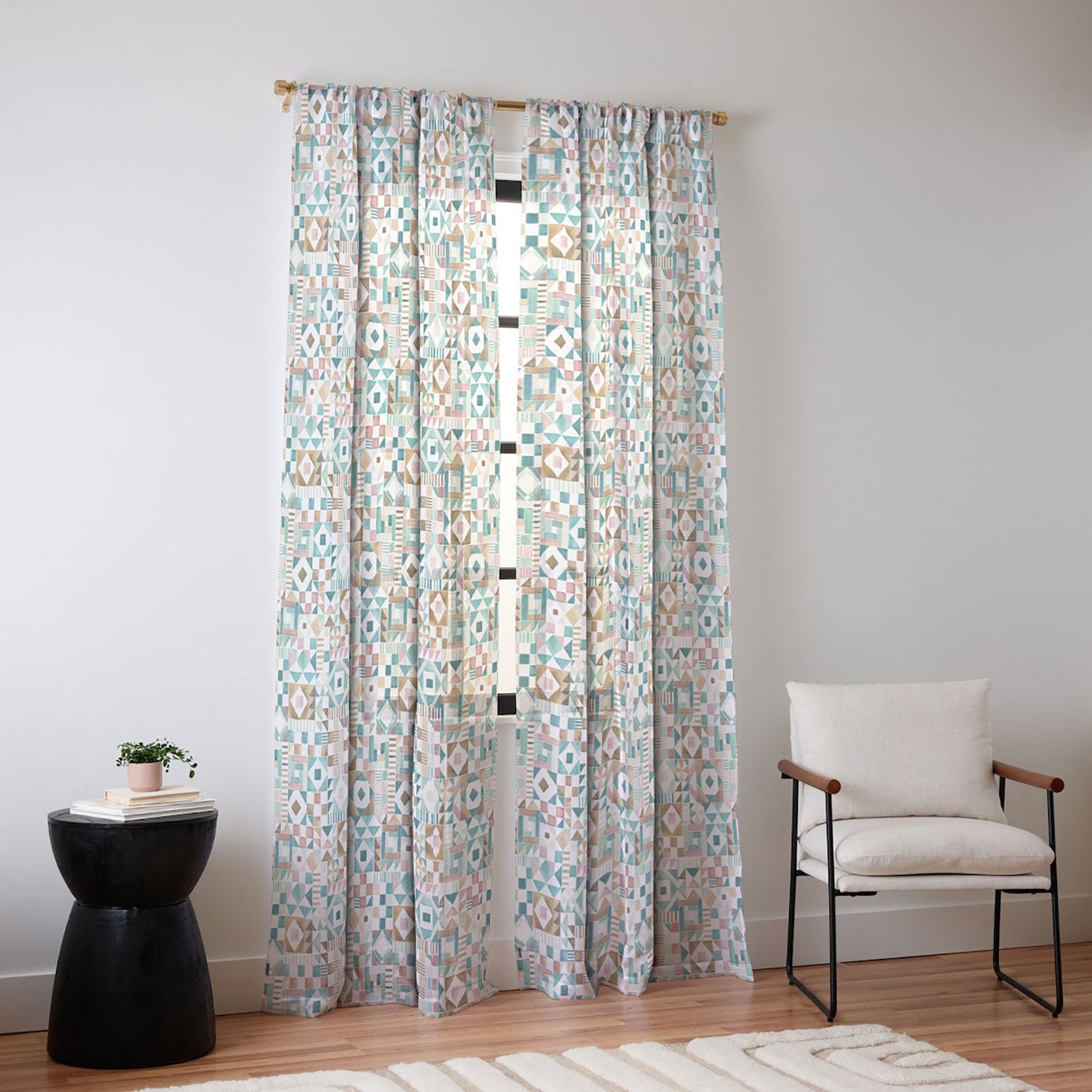 Ninola Design Charming Nostalgia Geometric Tiles Patchwork Aqua Pink Gold Sheer Window Curtain