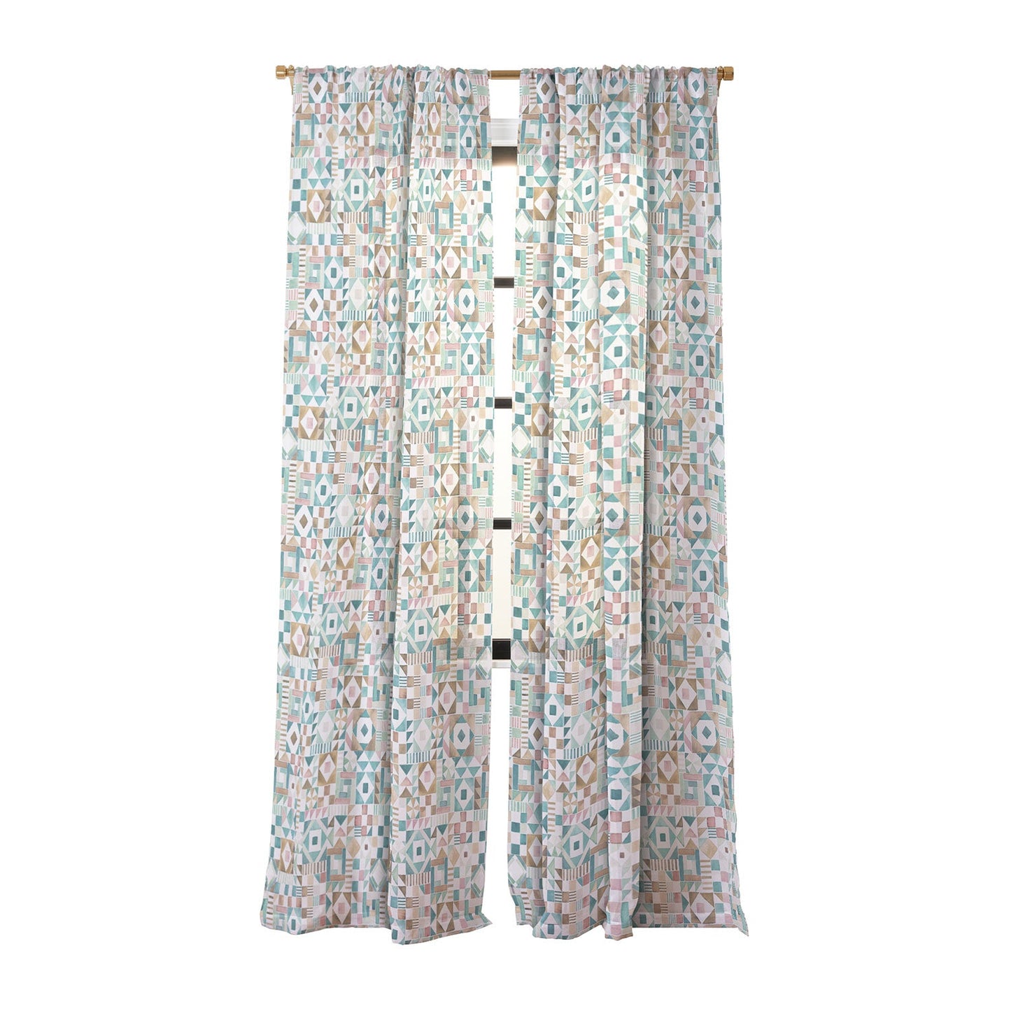 Ninola Design Charming Nostalgia Geometric Tiles Patchwork Aqua Pink Gold Sheer Window Curtain