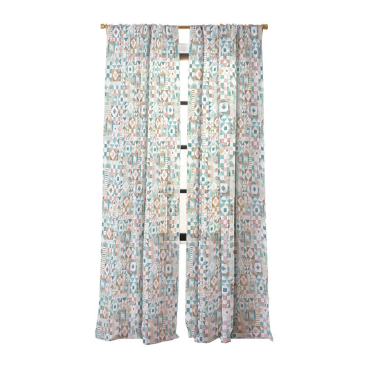 Ninola Design Charming Nostalgia Geometric Tiles Patchwork Aqua Pink Gold Sheer Window Curtain