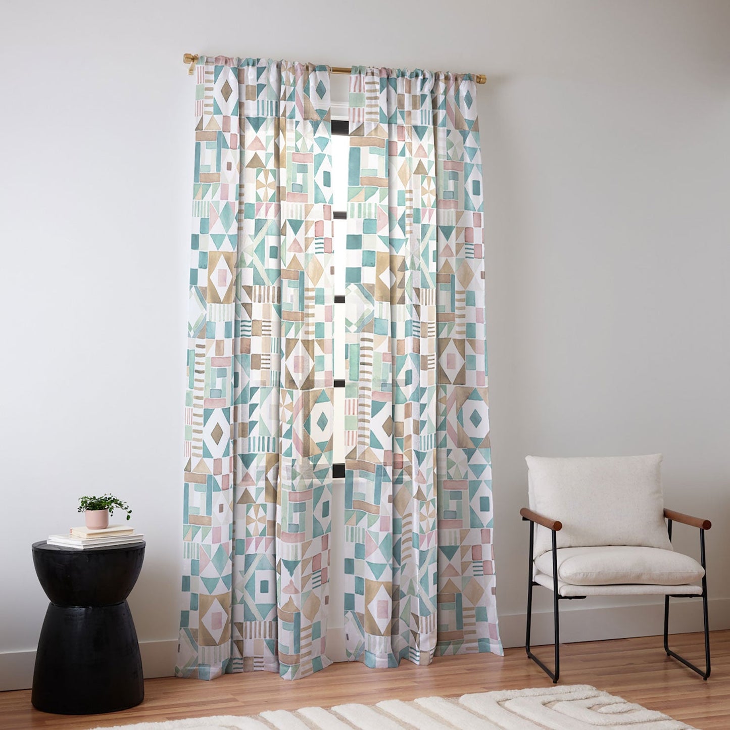 Ninola Design Charming Nostalgia Geometric Tiles Patchwork Aqua Pink Gold Sheer Non Repeat