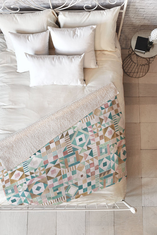 Ninola Design Charming Nostalgia Geometric Tiles Patchwork Aqua Pink Gold Fleece Throw Blanket