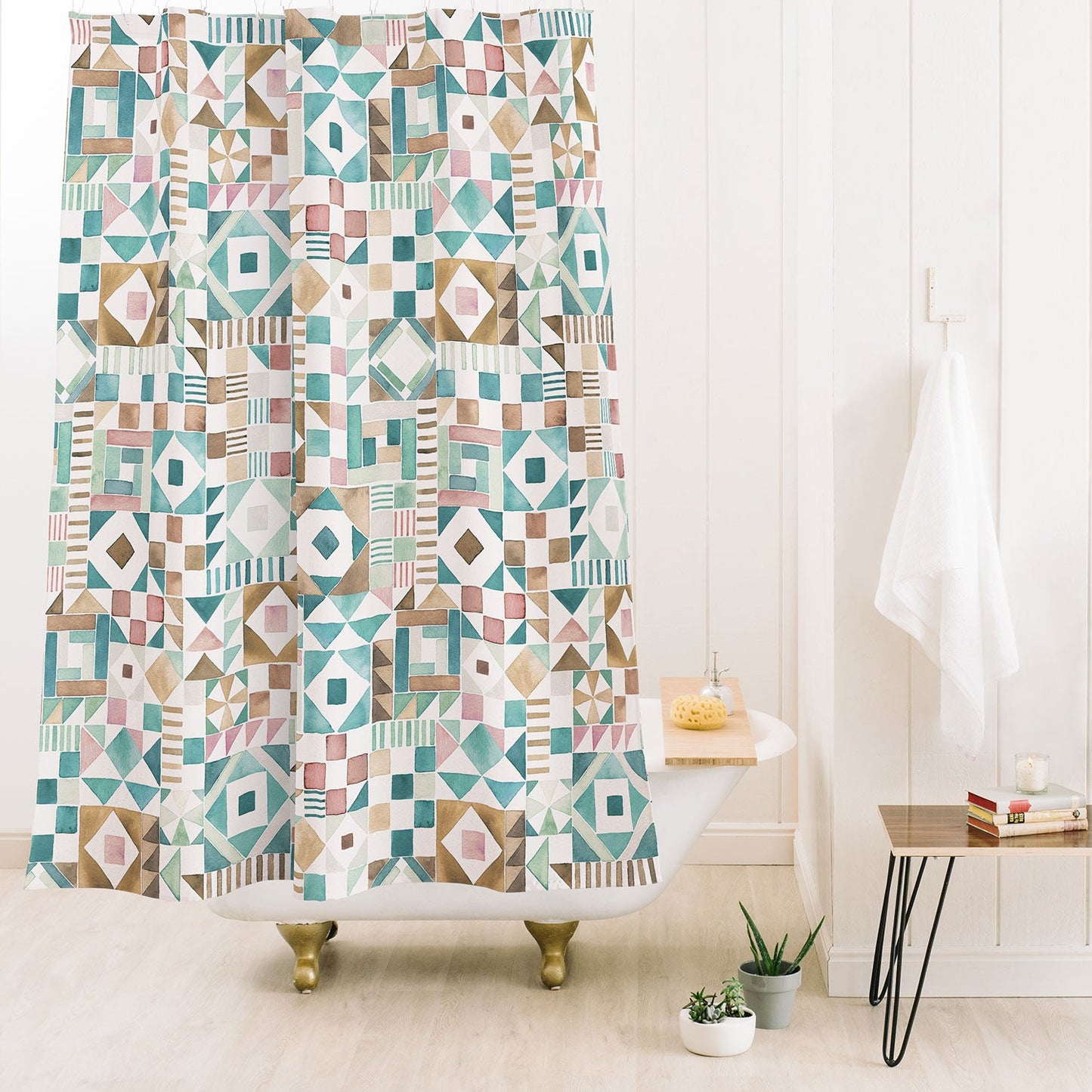 Ninola Design Charming Nostalgia Geometric Tiles Patchwork Aqua Pink Gold Shower Curtain