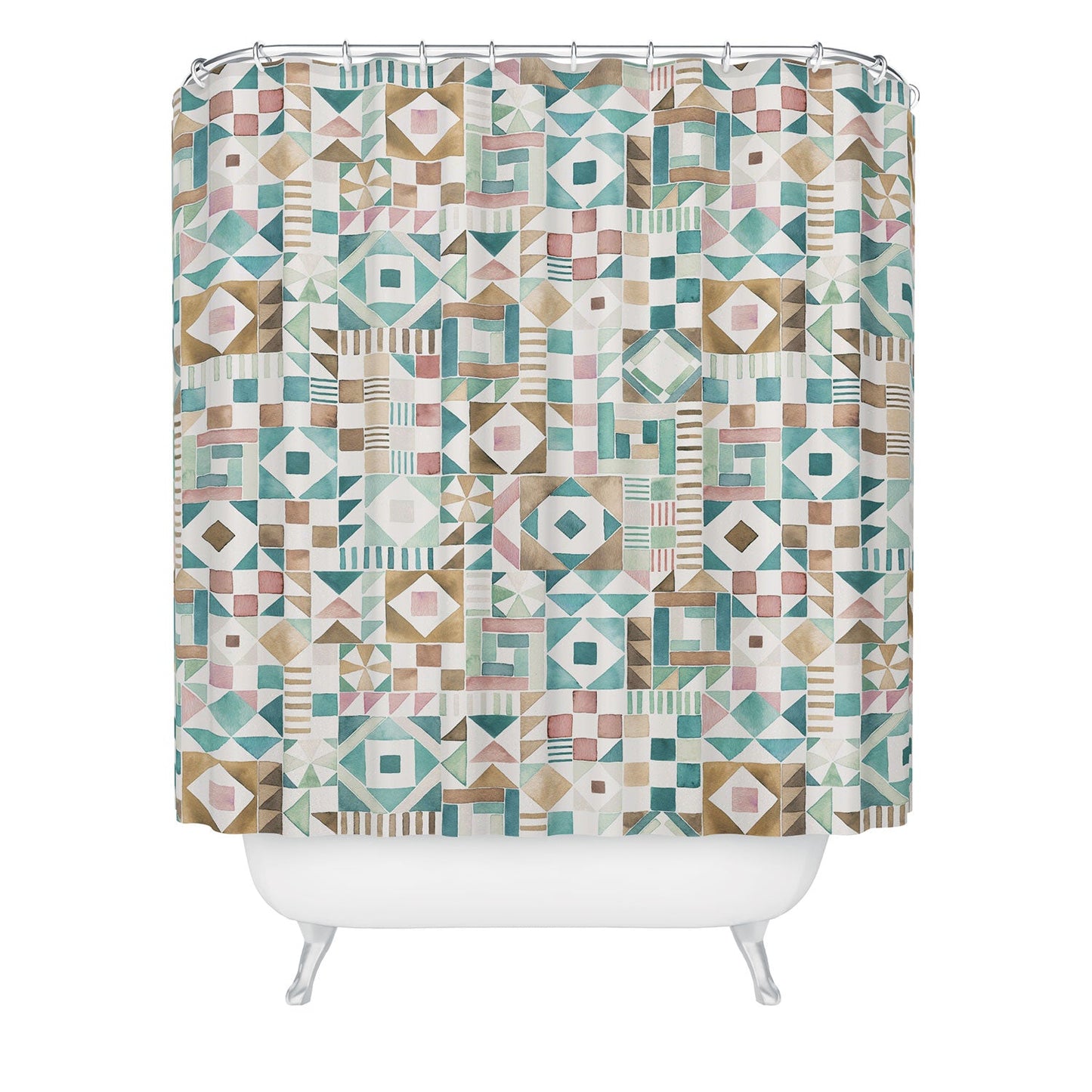 Ninola Design Charming Nostalgia Geometric Tiles Patchwork Aqua Pink Gold Shower Curtain
