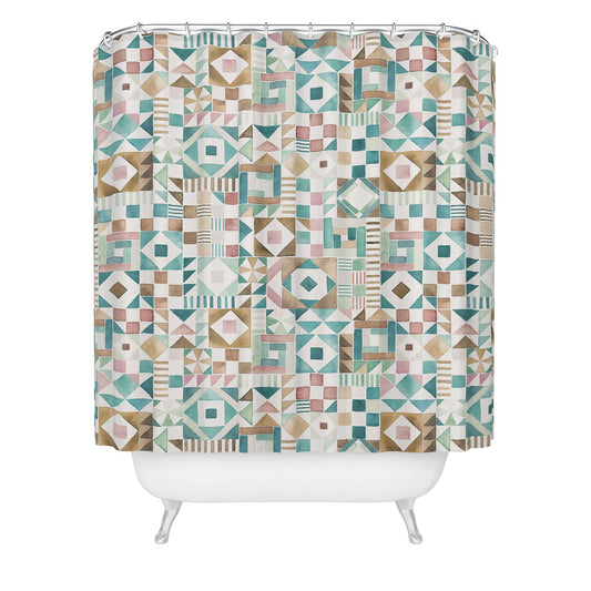 Ninola Design Charming Nostalgia Geometric Tiles Patchwork Aqua Pink Gold Shower Curtain